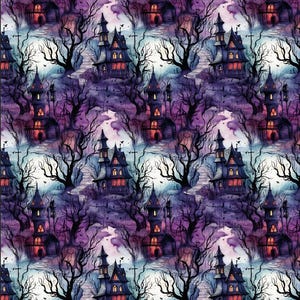 May include: A watercolour illustration of a repeating pattern of spooky houses with glowing windows, set against a backdrop of dark purple and blue skies with swirling clouds. The houses are surrounded by bare trees with branches reaching towards the sky.