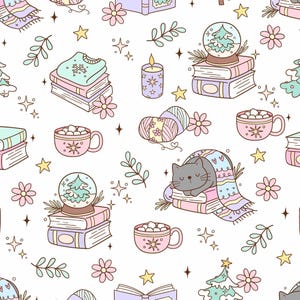 Doodle Bookish Fabric Cute Cat Cartoon Fabric By The Half Yard