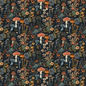 May include: A seamless pattern featuring red and white mushrooms, blue and green flowers, and other foliage on a dark blue background.