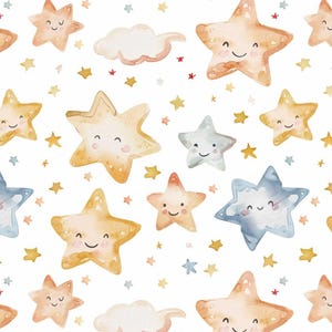 Tela de algodón puro con estampado de estrellas de acuarela y estrellas sonrientes, se vende por media yarda.