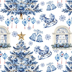 Könnte beinhalten: Ein sich wiederholendes Muster mit Aquarellillustrationen von Weihnachtsbäumen mit blauem Schmuck, verzierten Bogenfenstern mit Blumenkästen, blau-weiß gemusterten Schlitten, hängenden Laternen und Glocken auf einem weißen Hintergrund.