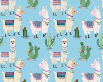 Cute Alpaca With Cactus Pattern Cotton Fabric 100% Cotton Fabric Sold By Half Yard