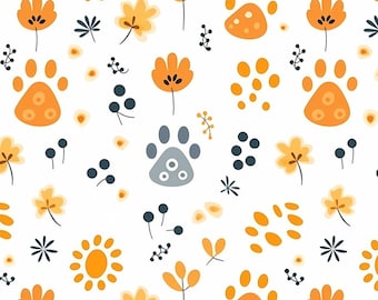Cute Dog Paw With Floral Pattern Fabric Cotton Fabric By The Half Yard