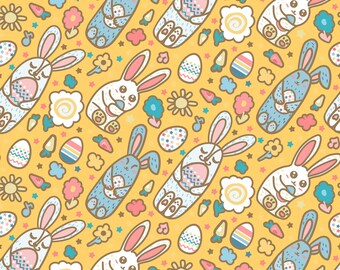 May include: A seamless pattern featuring cute cartoon bunnies holding Easter eggs on a yellow background. The pattern includes various Easter-themed elements like flowers, stars, and eggs.