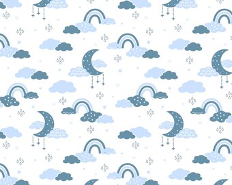 Blue Cloud With Moon Fabric Cute Moon Pattern Mysterious Starry Sky Cotton Fabric Sold by Half Yard