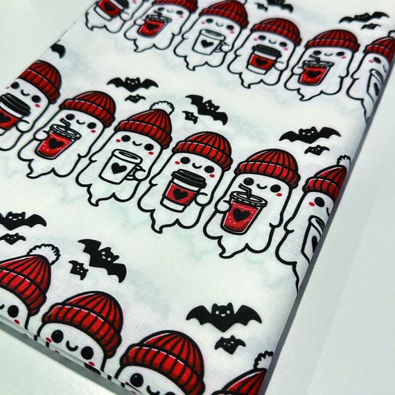 Cute Coffee Ghosts Png, Halloween Ghost Cotton Fabric, Sold by the Yard