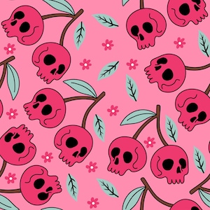 Peut inclure: Un motif sans couture représentant des cerises roses avec des visages de crâne sur un fond rose. Les cerises ont des tiges et des feuilles vertes. Il y a aussi de petites fleurs roses éparpillées dans tout le motif.