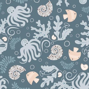 Cute Octopus Cotton Fabric Ocean Landscape Fabric Blue Octopus Pattern Cotton Fabric Sold by Half Yard