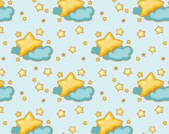 Star With Cloud In The Sky Pattern Fabric 100% Pure Cotton Fabric Sold By Half Yard