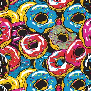 Puede incluir: Un patrón repetitivo de coloridas rosquillas. Las rosquillas presentan glaseado azul brillante, rojo, amarillo, rosa y verde con chispas. El fondo es negro, lo que hace que las rosquillas resalten. Ideal para tela, papel pintado u otros artículos decorativos.