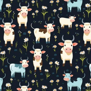 Farm Animals Cute Cow Pattern Cotton Fabric, Sold by half Yard