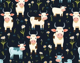 Farm Animals Cute Cow Pattern Cotton Fabric, Sold by half Yard