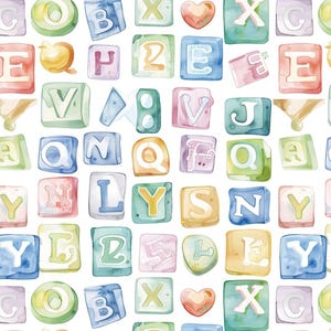 May include: Watercolor pattern of alphabet blocks in various pastel colors. Each block features a different letter, with a heart and a bird also included. The blocks are arranged in a repeating pattern on a white background.