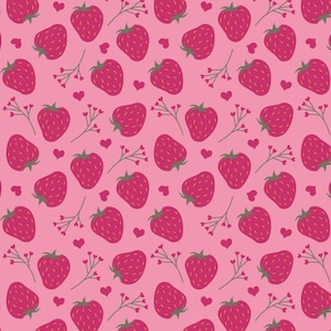 Rosa bomullstyg med mönster av älskling och söta jordgubbar, säljs i halvmeter