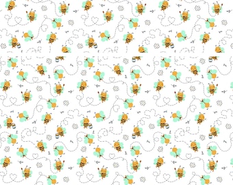 Tela con estampado gráfico de abejorros adorables - Tela para vestidos, tela para patchwork, 100% algodón, se vende cortada a medida o elige el largo.