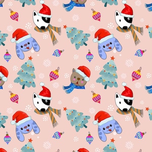 Pink Christmas Tree With Dog and Bear Pattern Cotton Fabric By The Half Yard