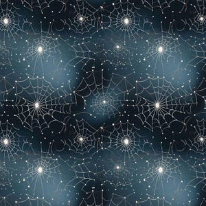 May include: A repeating pattern of white spiderwebs against a dark blue background. Each web has a central point with radiating lines and small white dots. The design evokes a spooky or Halloween theme.