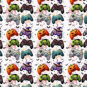 May include: A repeating pattern of Halloween-themed game controllers, pumpkins, and witch hats on a white background. The controllers are designed as mummies, Frankenstein's monster, and in various colors. Bats and spiderwebs complete the spooky design.