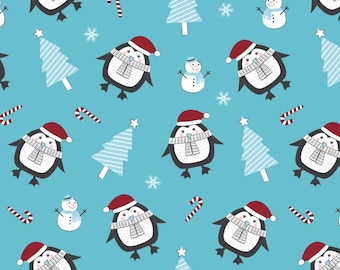 Tecido de algodão com estampa de boneco de neve e pinguim de Natal, vendido por meia jarda