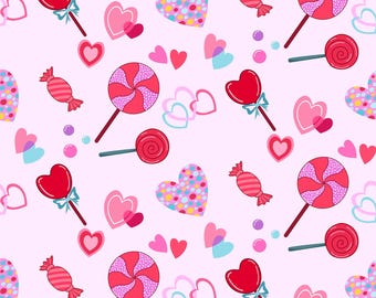 Valentine's Day Sweet Candy With Heart Pattern Cotton Fabric By The Half Yard