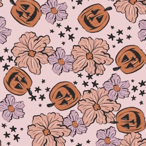 Halloween Pumpkin Floral Cotton fabric, Sold by the Yard