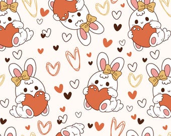 Cute Love Bunny Pattern Cotton Fabric - Cartoon Bunny Cotton Fabric - Sold by Half Yard
