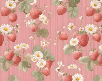 Pink  Sweet Strawberry With Floral  Pattern  Cotton Fabric, Sold By Half Yard
