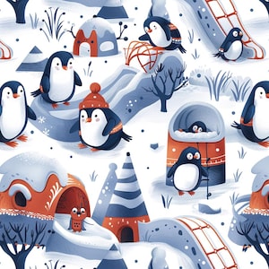 Cute Penguin Slide Playground Pattern Pure Cotton Fabric Sold By Half Yard