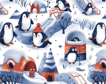 Cute Penguin Slide Playground Pattern Pure Cotton Fabric Sold By Half Yard