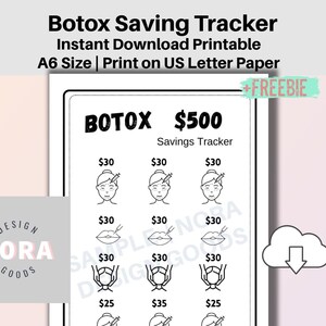 May include: Printable savings tracker for Botox treatments. The tracker features a black and white design with icons of faces, lips, and foreheads. The tracker is designed to help users save up to £500 for Botox treatments.