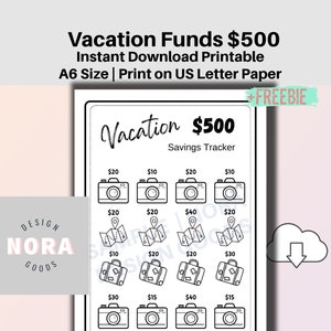 May include: Printable vacation savings tracker with a black and white design. The tracker features a camera and suitcase icon to track savings towards a $500 vacation fund.