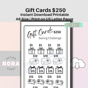 Gift Cards Funds 250 Saving Challenge | Saving Tracker| Finance |Printable PDF| |Fits A6 Envelope | Gifts Birthday holiday