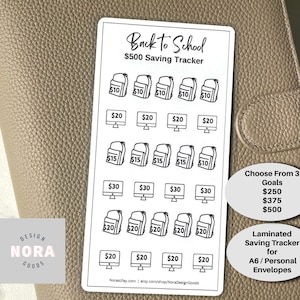 May include: Black and white printable stickers for a back to school savings tracker. The stickers feature images of backpacks, computers, and dollar amounts. The text "Back to School $500 Saving Tracker" is at the top of the sheet. The text "Choose From 3 Goals $250 $375 $500" is on the right side of the sheet. The text "Laminated Saving Tracker for A6/Personal Envelopes" is also on the right side of the sheet.