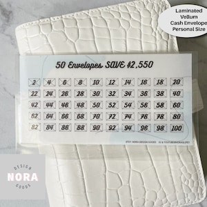 Sobre para ahorrar dinero en efectivo (50 sobres) / Ahorre 2550 dólares / Tamaño personal / Sobre laminado con vitela esmerilada / Minimalista / Sobres para dinero A6