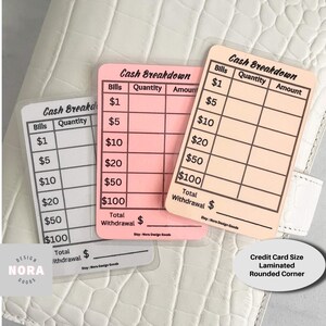 Conjunto de 3 / Desglose de retiro de efectivo / Resbalón de cajero tamaño tarjeta de crédito / Desglose de efectivo reutilizable / Notas de cajero bancario / Conjunto laminado de 6