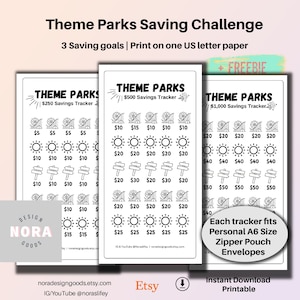 May include: Three printable black and white savings trackers for theme parks. Each tracker features a roller coaster, sun, and directional sign graphic. The trackers are labeled "$250 Savings Tracker", "$500 Savings Tracker", and "$1,000 Savings Tracker".
