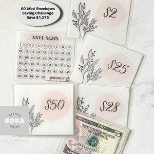 Desafío de 50 mini sobres / Ahorre 1275 Diseño floral / Sobre de vitela laminada esmerilada / Minimalista / Sobres de dinero / Dinero de bolsillo