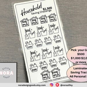 May include: Black and white printable household saving tracker with a $1,500 goal. The tracker features icons of a house, a broom, a bucket, and cleaning supplies. The tracker is laminated and measures A6 size.
