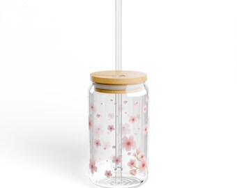 Cherry Blossom Pink Floral Glass Sipper with Bamboo Lid - 16oz Drinkware for Summer Refreshments