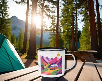 Retro Van Enamel Camp Cup: Road Trip Adventure Mug (12 oz)