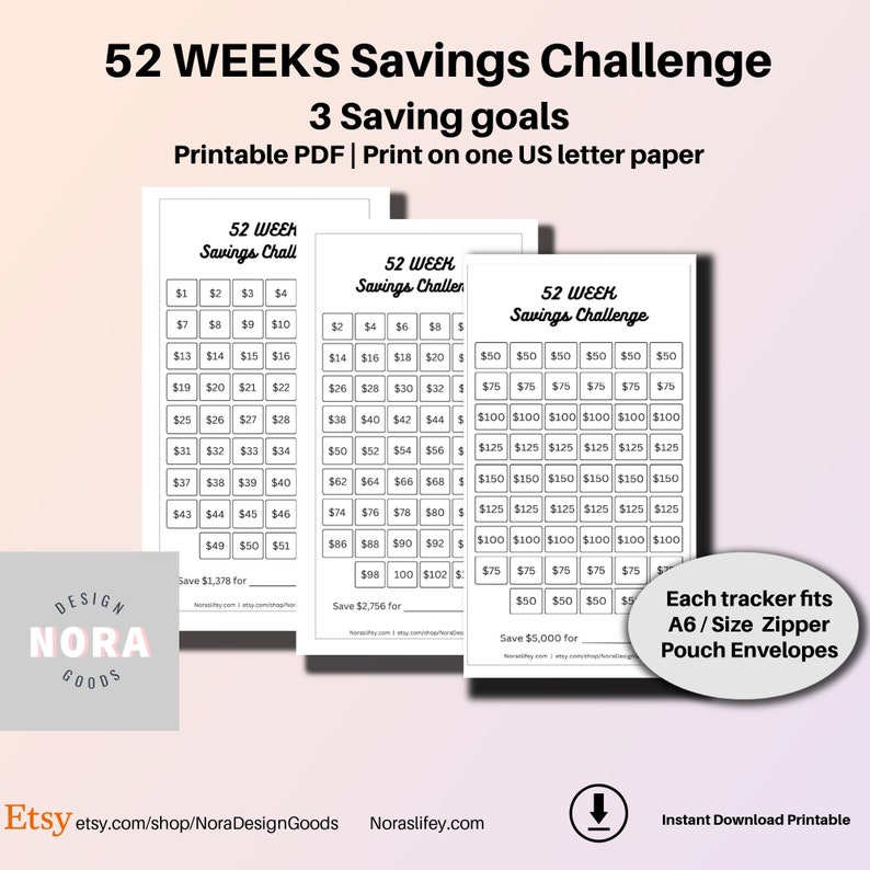 52 Week Savings Challenge Printable PDF / 1378/ 2756/ - Etsy