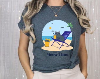 Cat T shirt, Mai Tai Meow Time Cotton Tee, Beach Vibes T-Shirt, Cat Lover Gift, Tropical Graphic Tee, Summer Chill Top, Vacation