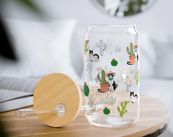 Western Cowboy Tuxedo Cat Sipper Glass 16oz with Straw