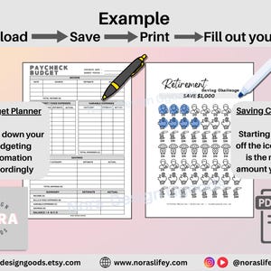 May include: A digital download graphic with a budget planner and a retirement savings challenge. The budget planner includes sections for income, expenses, and savings. The savings challenge shows a visual representation of saving $1,000.
