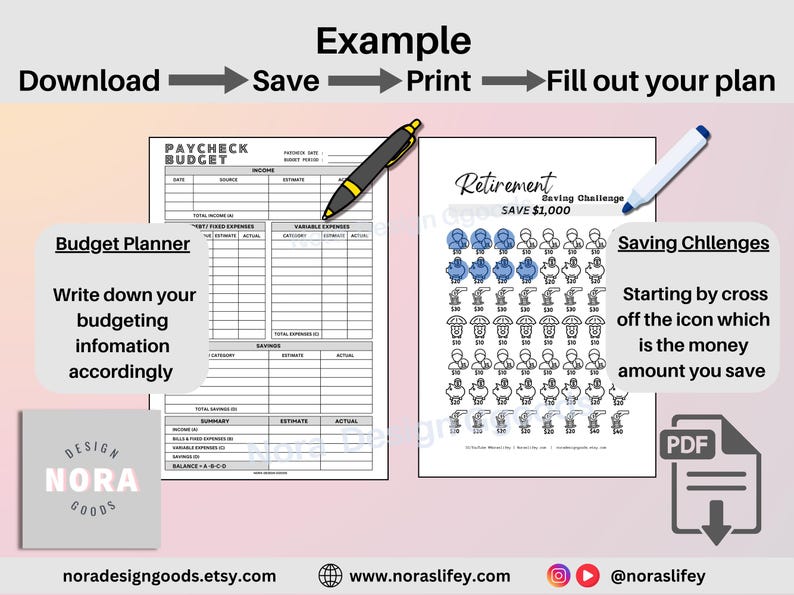 May include: A digital download graphic with a budget planner and a retirement savings challenge. The budget planner includes sections for income, expenses, and savings. The savings challenge shows a visual representation of saving $1,000.