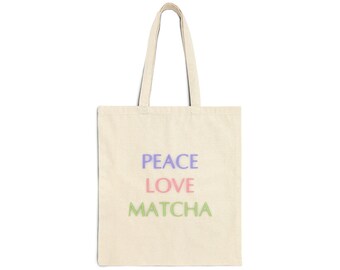Peace Love Matcha Cotton Canvas Tote Bag: Eco-Friendly Reusable Grocery Bag