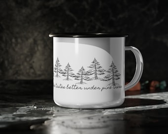 Enamel Camp Mug: Vintage Pine Tree Design, Coffee Lover Gift
