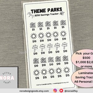 May include: Black and white printable savings tracker for theme parks. The tracker features a variety of icons including roller coasters, suns, and directional signs. The tracker is designed to help you save up to $250. The tracker is laminated and comes in A6 personal size.