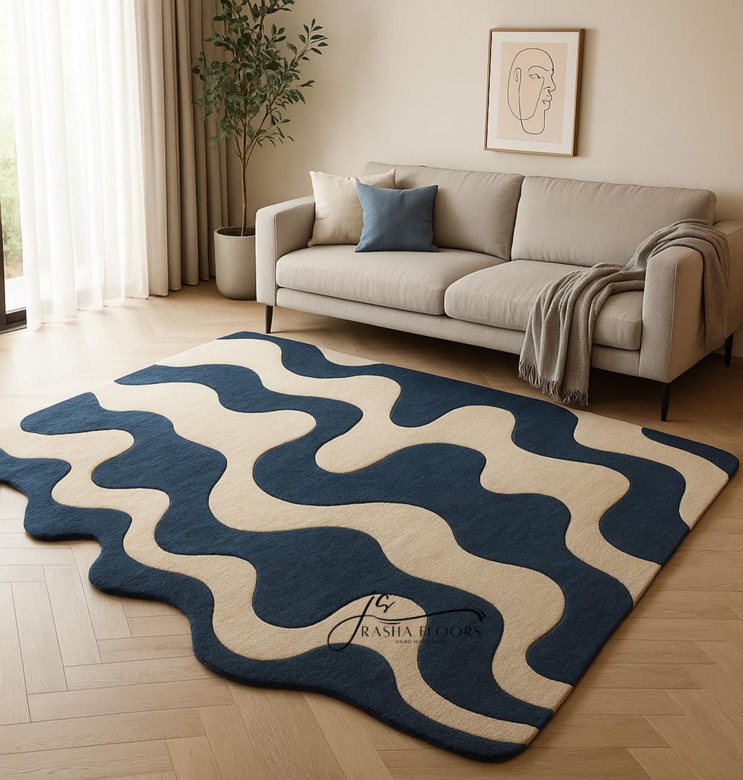 Swirl Irregular Shape Hand Tufted Area Rug in Ivory Blue Hues Made in ...