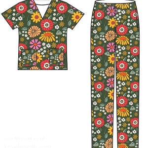 May include: A two-piece floral print pajama set. The top is a V-neck with short sleeves and a pocket. The pants are straight-legged. The pattern features red, yellow, pink, and white flowers on a dark green background.